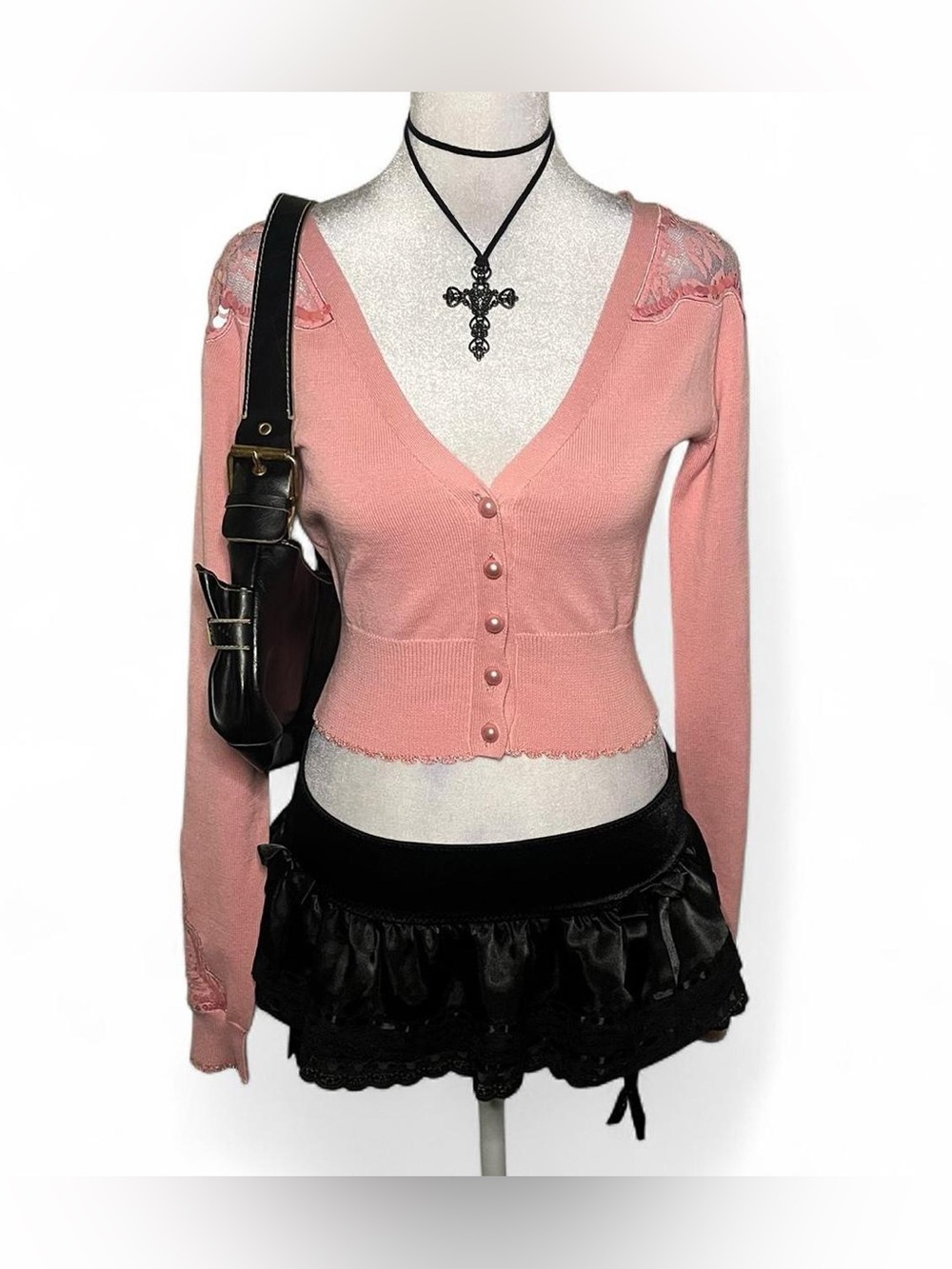 Betsey Johnson Pink Cropped V-Neck Lace-sequin Cardigan